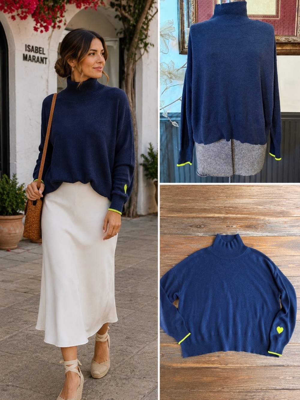 Lisa Todd Cashmere Wool Blend Navy Mock Neck Sweater Neon Heart Trim Size M💛🍄